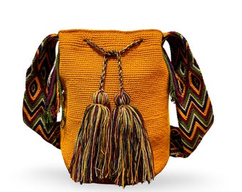 Mustard Colombian Handmade Bag – Wayuu Mochila - Crochet Crossbody Purse –  Boho Shoulder Bag