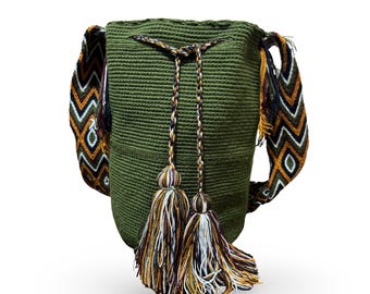 Green Wayuu Bucket Bag | One-of-a-Kind Colombian Mochila | Handmade Crochet Crossbody by Indigenous Artisans