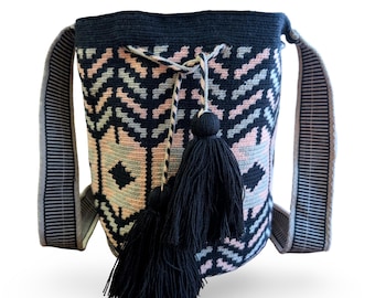 Large Wayuu Mochila Bag – Black, Blush & Sage Handwoven Crossbody | Authentic Colombian Artisan Bucket Bag