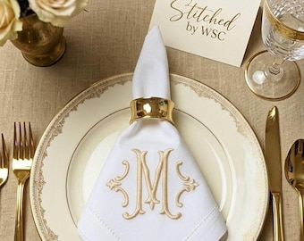 Elegant embroidered dinner napkins | personalized monogram cloth napkins | white hemstitch | custom initial