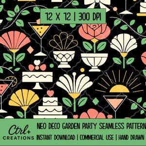 May include: A seamless pattern with a black background featuring stylized illustrations of flowers, cocktails, cakes, and bows in shades of peach, yellow, and white. The text "NEO DECO GARDEN PARTY SEAMLESS PATTERN" is included.