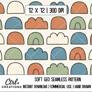 May include: A seamless pattern design featuring repeating abstract shapes in various colors, including orange, blue, green, and cream. The design includes text that reads "SOFT GEO SEAMLESS PATTERN" and "12 X 12 | 300 DPI".