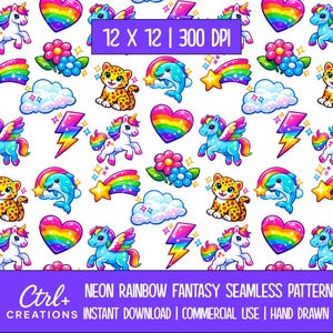 May include: A seamless pattern featuring cartoon unicorns, hearts, rainbows, dolphins, shooting stars, flowers, clouds, and lightning bolts. The design is in bright neon colors on a white background. Text at the top reads "12 x 12 | 300 DPI".