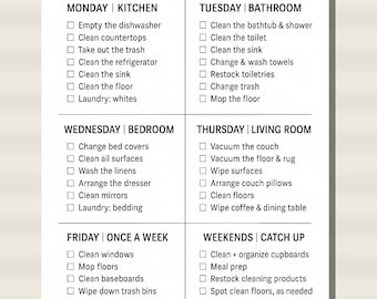 May include: A white printed list titled "WEEKLY CLEANING ROTATION" with checkboxes for daily and weekly tasks. Includes sections for kitchen, bathroom, bedroom, living room, and catch-up tasks. A practical guide for home organization.