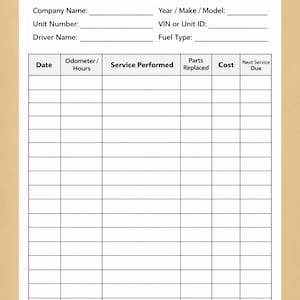 May include: A white paper titled "FLEET VEHICLE MAINTENANCE LOG" with black text. The log includes fields for company name, unit number, driver name, year/make/model, VIN, and fuel type. It has columns for date, odometer/hours, service performed, parts replaced, cost, and next service due.