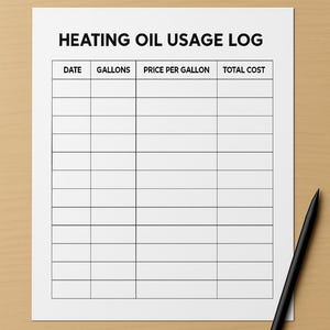 May include: A white sheet of paper with the words "HEATING OIL USAGE LOG" at the top. The log has columns for date, gallons, price per gallon, and total cost. A black pen rests on the wooden surface.