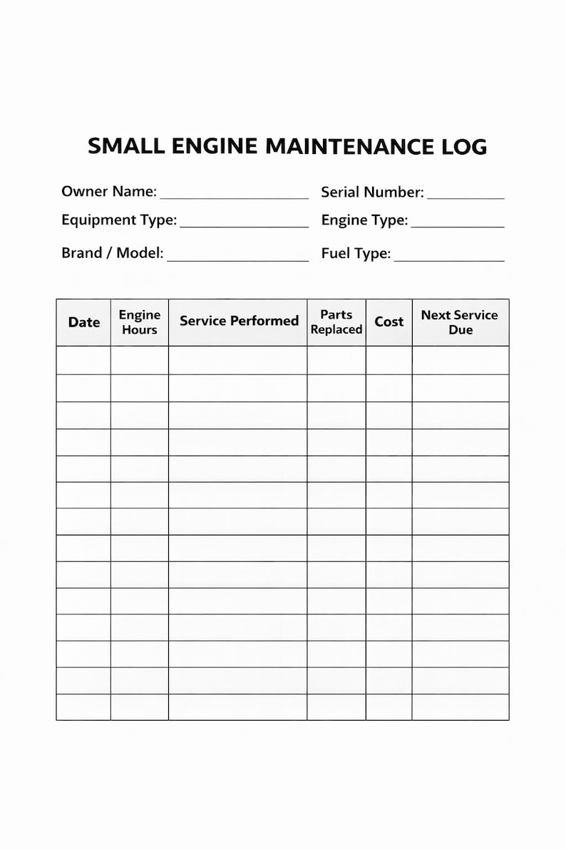 Small Engine Maintenance Log Printable | Equipment Service Record Sheet ...