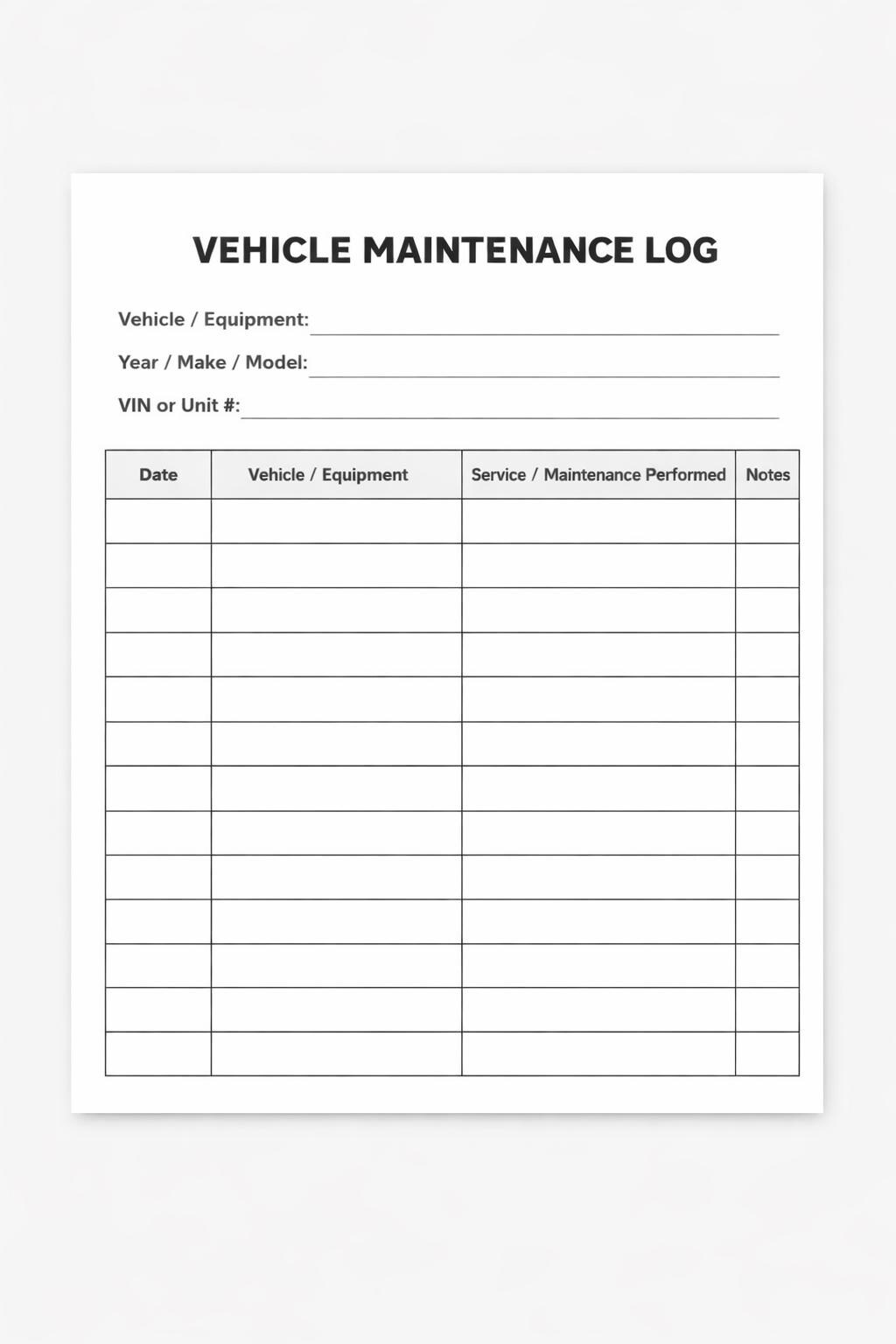 Vehicle Maintenance Log Printable | Service Record Tracker | Equipment ...