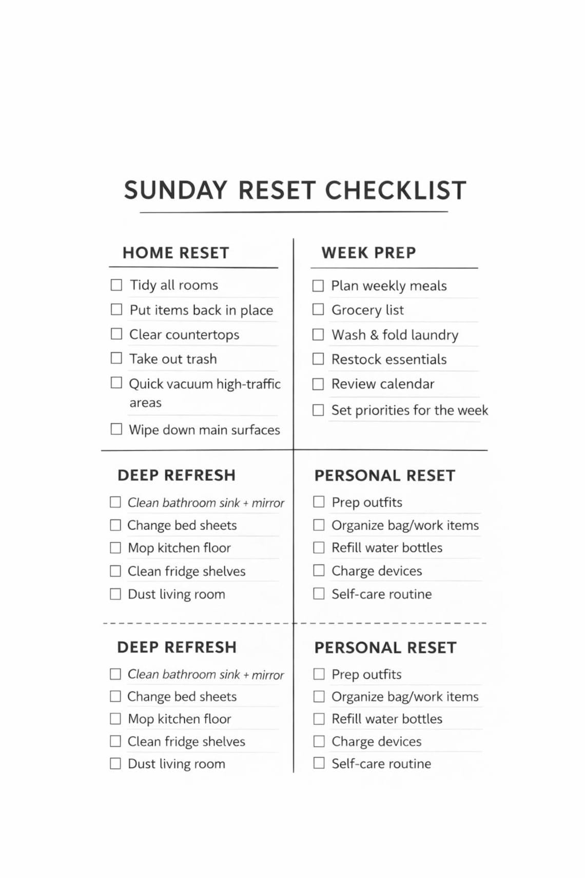 Sunday Reset Checklist.pdf Sunday Reset Checklist | Weekly Planner, Home Cleaning Routine (digital ...