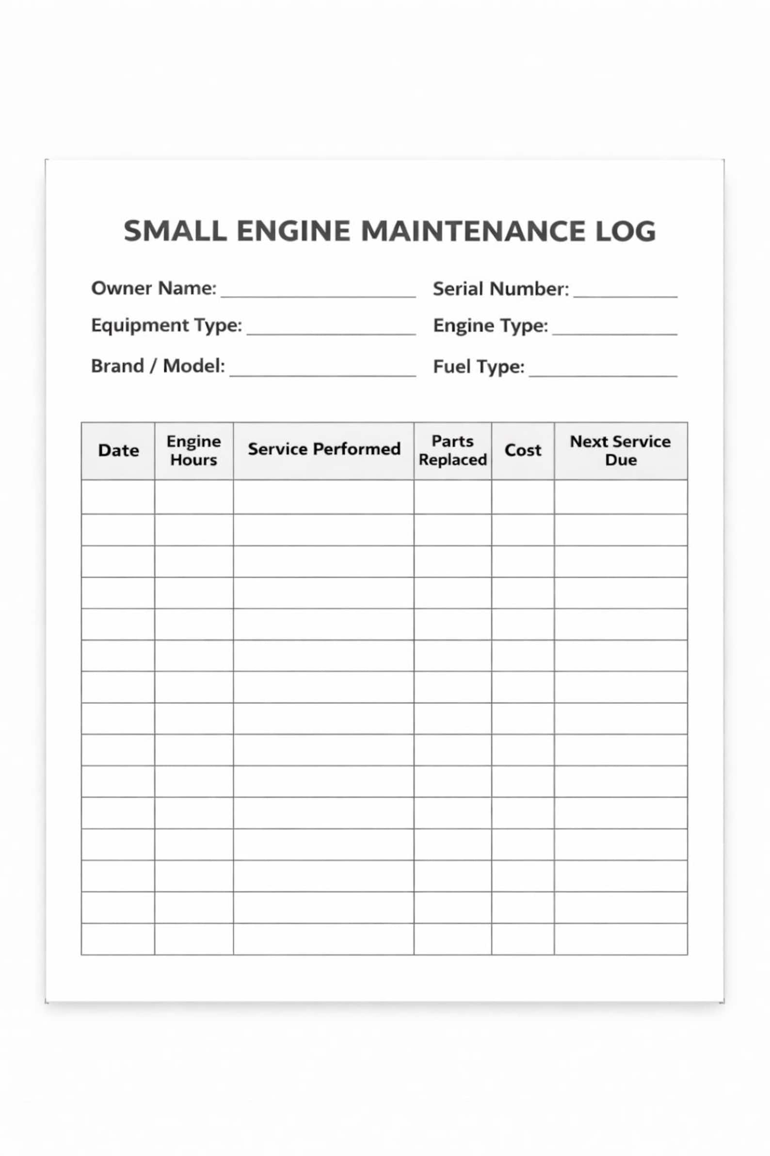 Small Engine Maintenance Log Printable | Equipment Service Record Sheet ...