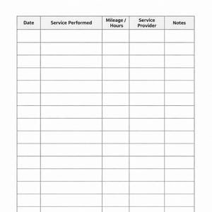 May include: A white, lined service record log with the title "SERVICE RECORD LOG" in grey text at the top. The log includes columns for date, service performed, mileage/hours, service provider, and notes. The log is designed for recording vehicle maintenance.