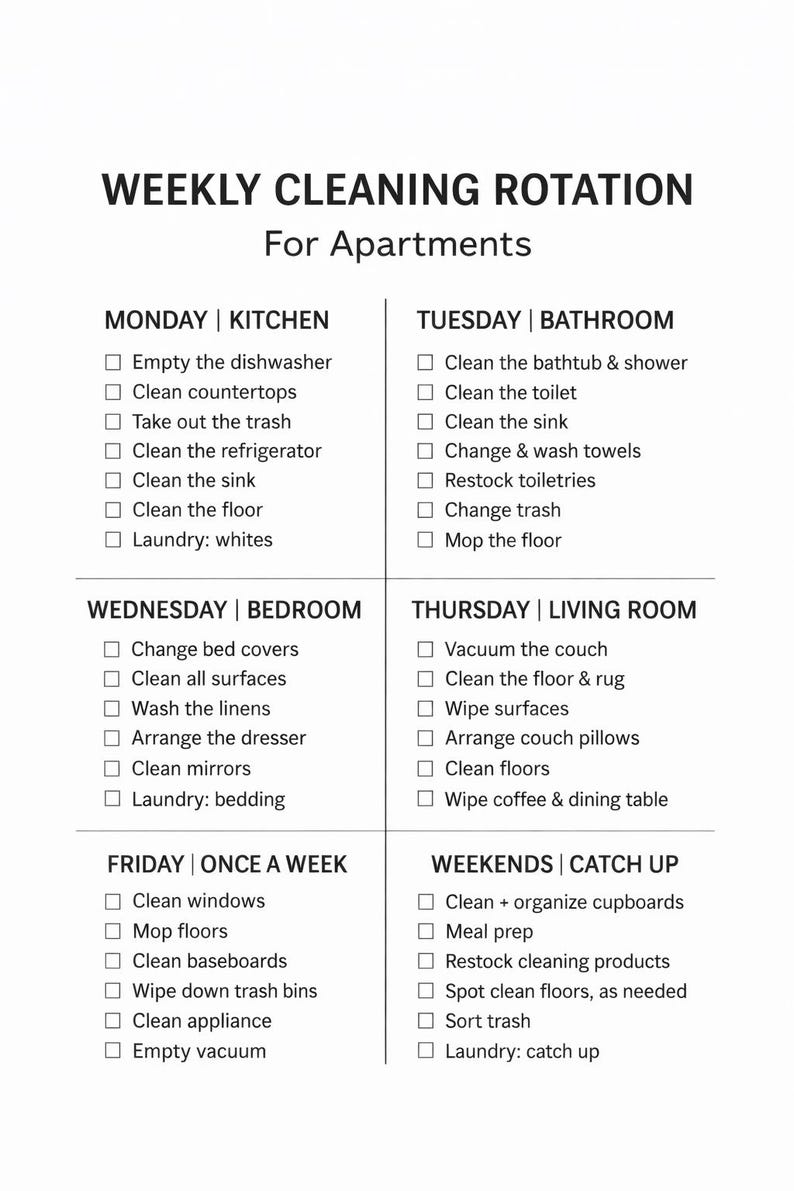 Deconation Rotation List Apartment Cleaning Schedule | Weekly Cleaning Rotation Checklist ...