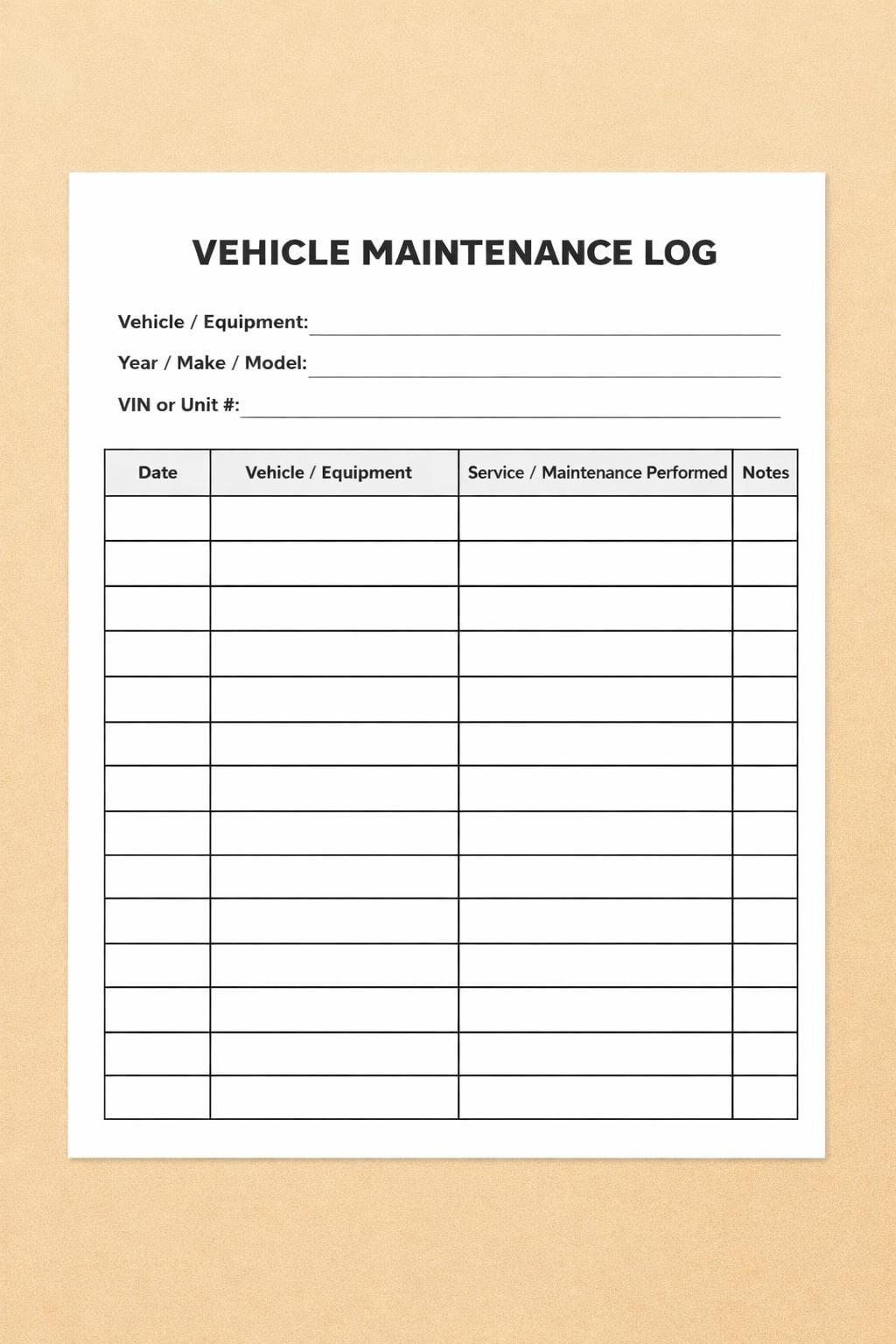 Vehicle Maintenance Log Printable | Service Record Tracker | Equipment ...