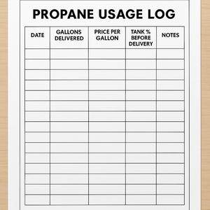 May include: A white sheet of paper with a black border. The text "PROPANE USAGE LOG" is at the top. Columns are labelled "DATE", "GALLONS DELIVERED", "PRICE PER GALLON", "TANK % BEFORE DELIVERY", and "NOTES".