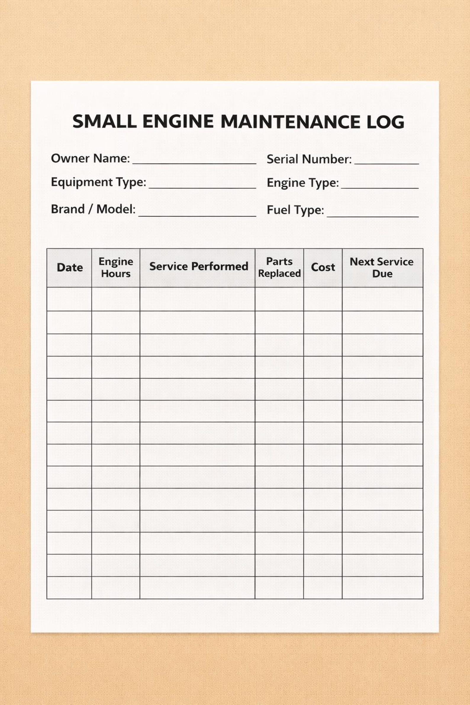 Small Engine Maintenance Log Printable | Equipment Service Record Sheet ...