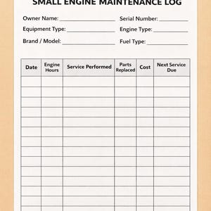 May include: A white paper titled "SMALL ENGINE MAINTENANCE LOG" with sections for owner information, equipment details, and a service log. The log includes columns for date, engine hours, service performed, parts replaced, cost, and next service due.