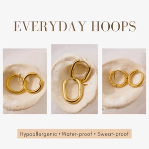 以下が含まれることがあります： 3種類のゴールドカラーのフープピアス：クラシックな丸型、長方形、テクスチャード加工。ピアスはニュートラルな背景に表示されています。上部のテキストは「EVERYDAY HOOPS」と書かれています。下部のテキストは「低アレルギー性・防水性・防汗性」と書かれています。
