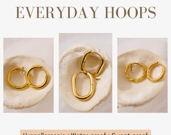 Everyday 18K Gold Hoops, Waterproof, Sweat-proof, Hypoallergenic, Daily Hoops