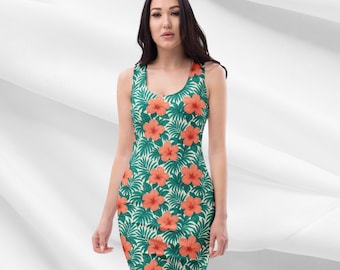 Bodycon-jurk met tropische bloemen voor dames | Aansluitende mini-jurk met hibiscusprint, zomeroutfit, strandvakantie