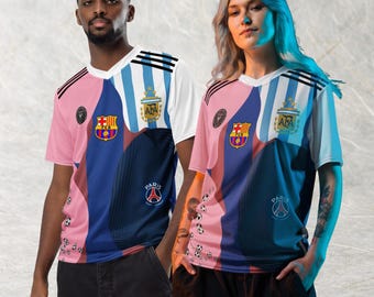 Lionel Messi mashupjersey, voetbalshirt Messi carrièregeschiedenis, clubtenue gemengd voetbal, Inter Miami Barcelona-T-shirt, uniek cadeau sportfan