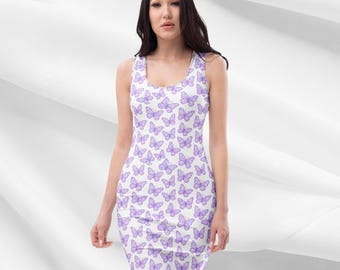 Bodyconjurk paarse vlinder dames | Getailleerde mini-jurk met all-over print, leuke zomeroutfit voor uitgaan