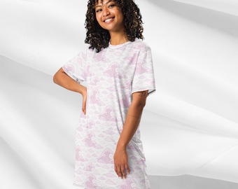 Roze Japanse Wave T-shirtjurk dames | Oversized T-shirtjurk met Aesthetic Ocean-print Leuke strandzomeroutfit T-shirtjurk met roze golven