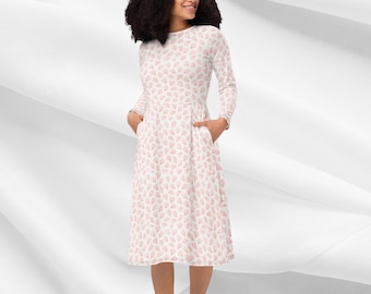 Pink Petal midi-jurk dames met zakken | Zachte bloemenjurk met lange mouwen, soepelvallende jurk Lente Elegant Vrouwelijk Cadeau