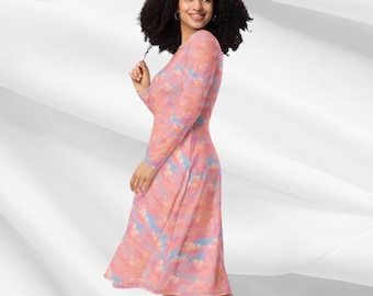 Pastelkleurige midi-jurk voor dames | Dromerige A-lijn jurk met lange mouwen | Esthetische outfit zachtroze lucht | Cottage core Fashion kawaii-jurk