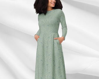 Dragonfly bloemen midi-jurk dames met zakken | Saliegroene soepele jurk met lange mouwen Cottagecore Nature Gift Midi-jurk met volledige print