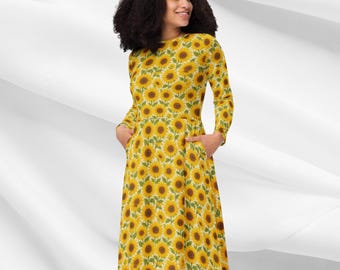 Zonnebloem midi-jurk voor dames | Gebloemde jurk met lange mouwen en zakken | Gele boho-casualjurk | Cottagecore-outfit