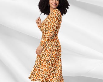 Jaren 70 midi-jurk met retroprint voor dames | Groovy vloeiende jurk met geometrische lange mouwen, vintage boho herfst-herfstoutfit