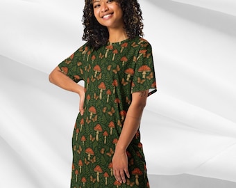 T-shirtjurk met paddenstoelenprint voor dames | Cottagecore Forest mini-jurk | Grafische jurk Boho Nature | Casual oversized outfit