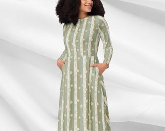 Midi-jurk met zeeschelp voor dames | Coastal-jurk met lange mouwen en zakken | Beachcore boho-jurk met bloemen | Op de oceaan geïnspireerde outfit