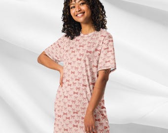 Roze T-shirtjurk met strikprint dames | Coquette Aesthetic Oversized T-shirtjurk Leuke meisjesachtige zomeroutfit