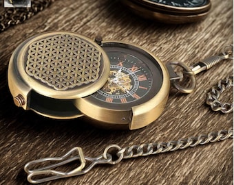 Steampunk bronsfickur • Mekanisk handuppdragen fob med roterande lock