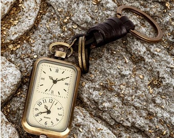 Antique Bronze Square Pocket Watch Keychain: Roman Numerals, Dual Movement