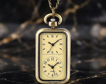 Antique Bronze Square Pocket Watch Keychain: Roman Numerals, Dual Movement