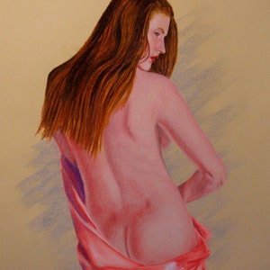 Nude in Pink Drape, nude redhead, Pastel painting, figure painting, nude, redhead, long hair, draped figure, standing nude, female nude image 1