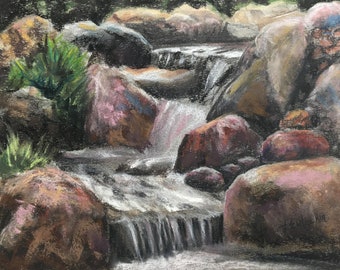 Waterfalls Among the Rocks, pastel painting, pastel artwork, original artwork, waterfalls, rural stream, rocks, original pastel