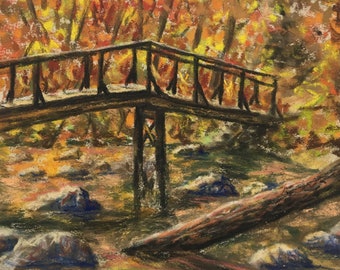 Bridge Over Stream, pastel painting 6 x 7 inches, original pastel artwork, done with soft pastels