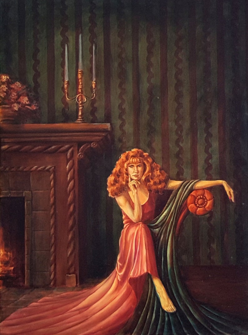 Fireplace and Drape, original oil painting, figure painting, realism painting, female figure, romantic painting, beautiful woman, redhead image 1