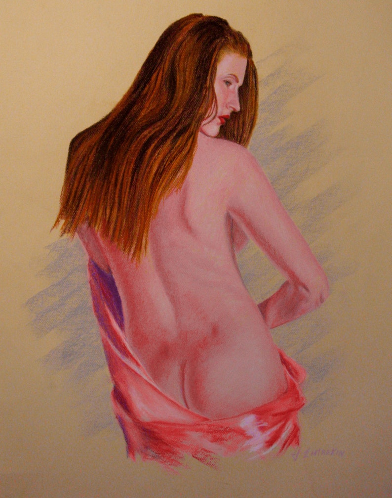 Nude in Pink Drape, nude redhead, Pastel painting, figure painting, nude, redhead, long hair, draped figure, standing nude, female nude image 1