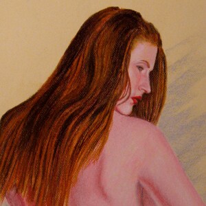 Nude in Pink Drape, nude redhead, Pastel painting, figure painting, nude, redhead, long hair, draped figure, standing nude, female nude image 2