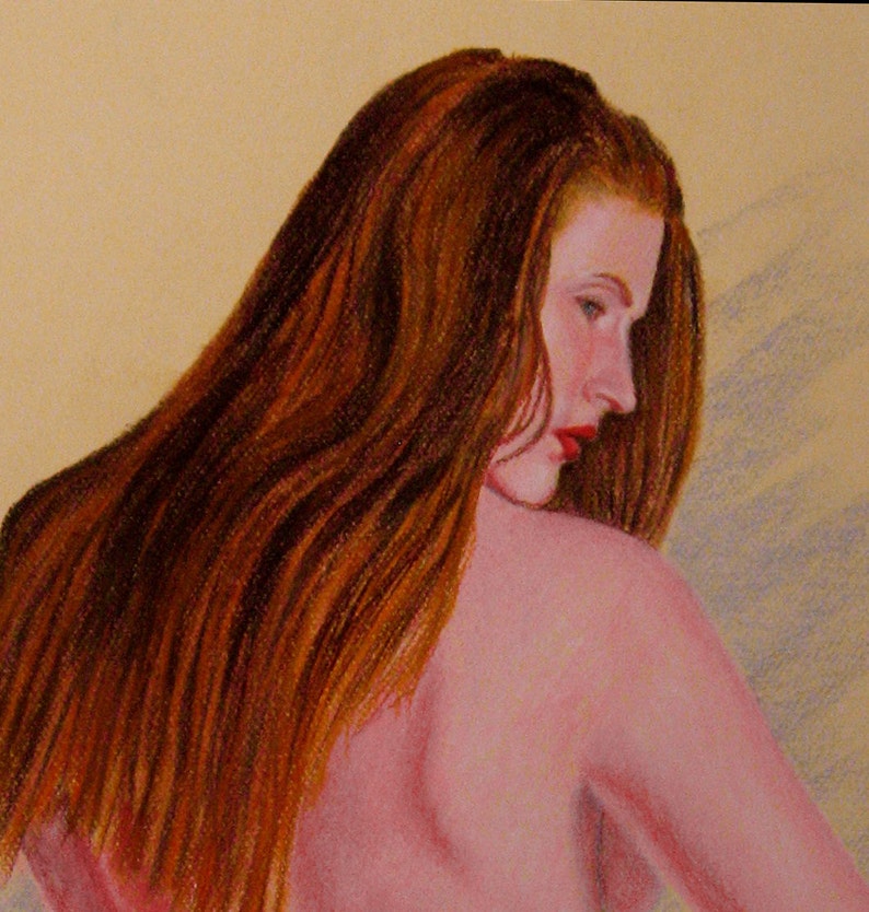 Nude in Pink Drape, nude redhead, Pastel painting, figure painting, nude, redhead, long hair, draped figure, standing nude, female nude image 2