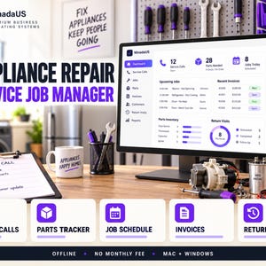 Könnte beinhalten: Ein Computermonitor zeigt ein Software-Dashboard zur Verwaltung von Gerätereparaturen. Der Bildschirm zeigt Serviceanrufe, benötigte Teile und Zeitpläne. Ein Klemmbrett mit einer Checkliste, eine Tasse und Werkzeuge liegen auf dem Schreibtisch.