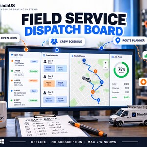 May include: A computer monitor displaying a Field Service Dispatch Board software interface with columns for Open Jobs, Crew Schedule, Route Planner, and Job Profit. The screen shows maps, charts, and job lists. A white van model sits on the desk.