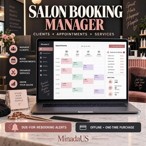 Op de afbeelding: Een laptop met de Salon Booking Manager software-interface, inclusief een afsprakenkalender, klantenlijsten en beheertools. Het scherm toont een dashboard met roze en witte accenten, naast een roségouden schaar en een kam.