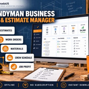 Op de afbeelding: Een digitaal dashboard voor een klusjesman-bedrijf voor het beheren van opdrachten en offertes op een computermonitor. De interface toont tabbladen voor opdrachten, offertes, werkorders, materialen en de planning van het team.