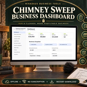 Könnte beinhalten: Ein Computermonitor zeigt das Chimney Sweep Business Dashboard mit Finanzkennzahlen, Auftragsverfolgung und Geschäftsdaten. Der Bildschirm enthält Bereiche für Gesamtumsatz, Ausgaben, Nettogewinn und offene Aufträge sowie ein Seitenmenü.