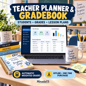 Könnte beinhalten: Ein digitaler Lehrerplaner und Notenbuch auf einem Laptop-Bildschirm mit Klassenstatistiken, neben einem spiralgebundenen Unterrichtsplaner, zwei Tassen mit Text, einem Bücherstapel, einem Stift und Haftnotizen auf einem Schreibtisch.